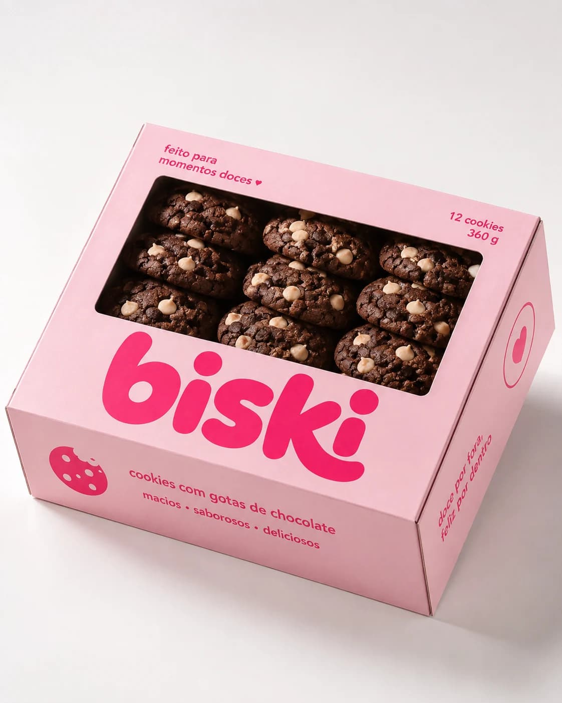 Caixa rosa clara da biski aberta, com doze cookies de chocolate com gotas brancas.