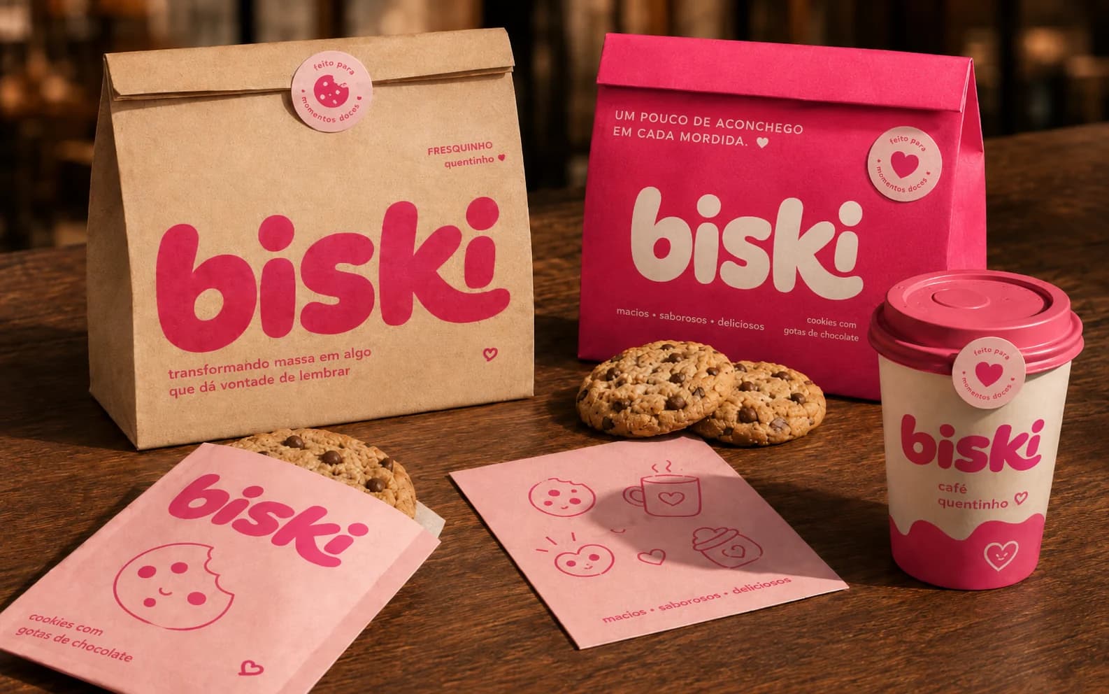 Papelaria da biski sobre uma mesa de madeira: saco kraft, saco pink, saquinho rosa, guardanapo ilustrado e copo de café, ao lado de cookies com gotas de chocolate.