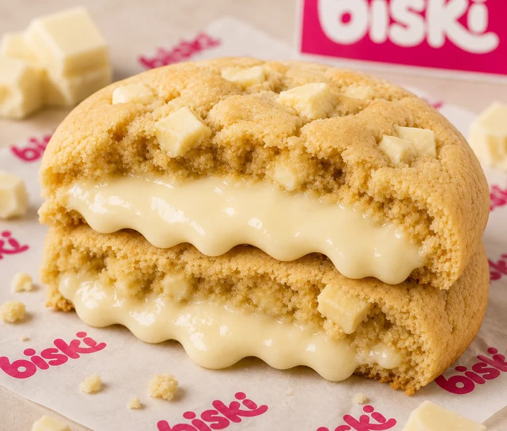 Cookie dourado com cubos de chocolate branco por cima, aberto ao meio com recheio branco cremoso.