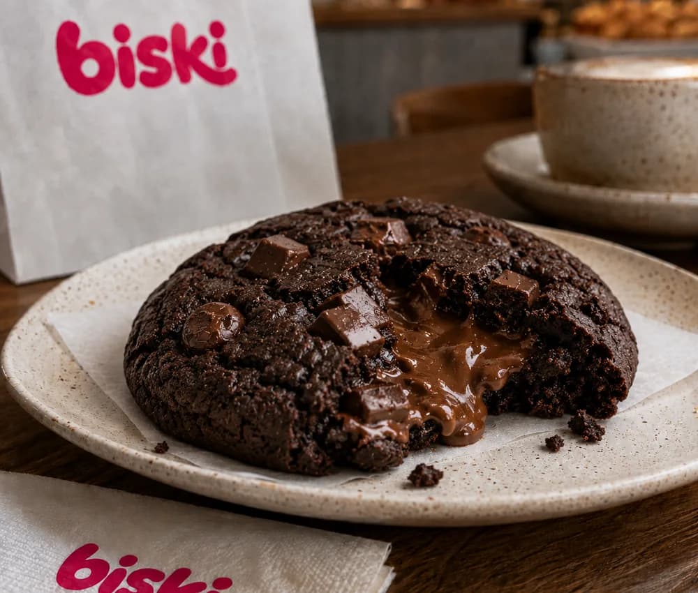 Cookie de chocolate escuro com pedaços de chocolate por cima e recheio de Nutella escorrendo pela lateral.