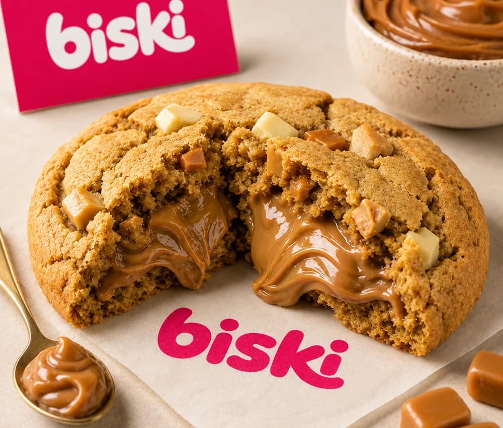 Cookie aberto ao meio com doce de leite escorrendo, ao lado de uma colher com doce de leite e balas de caramelo.