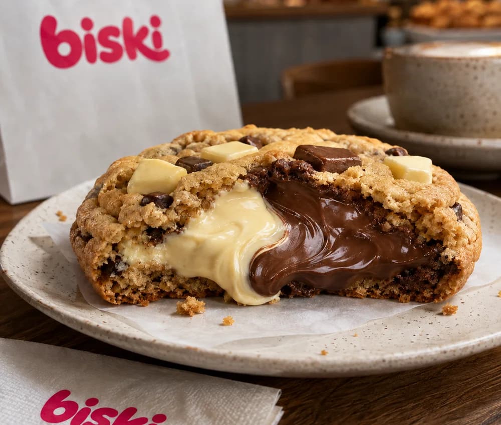 Cookie aberto ao meio com dois recheios lado a lado, um de chocolate branco e outro de chocolate ao leite.