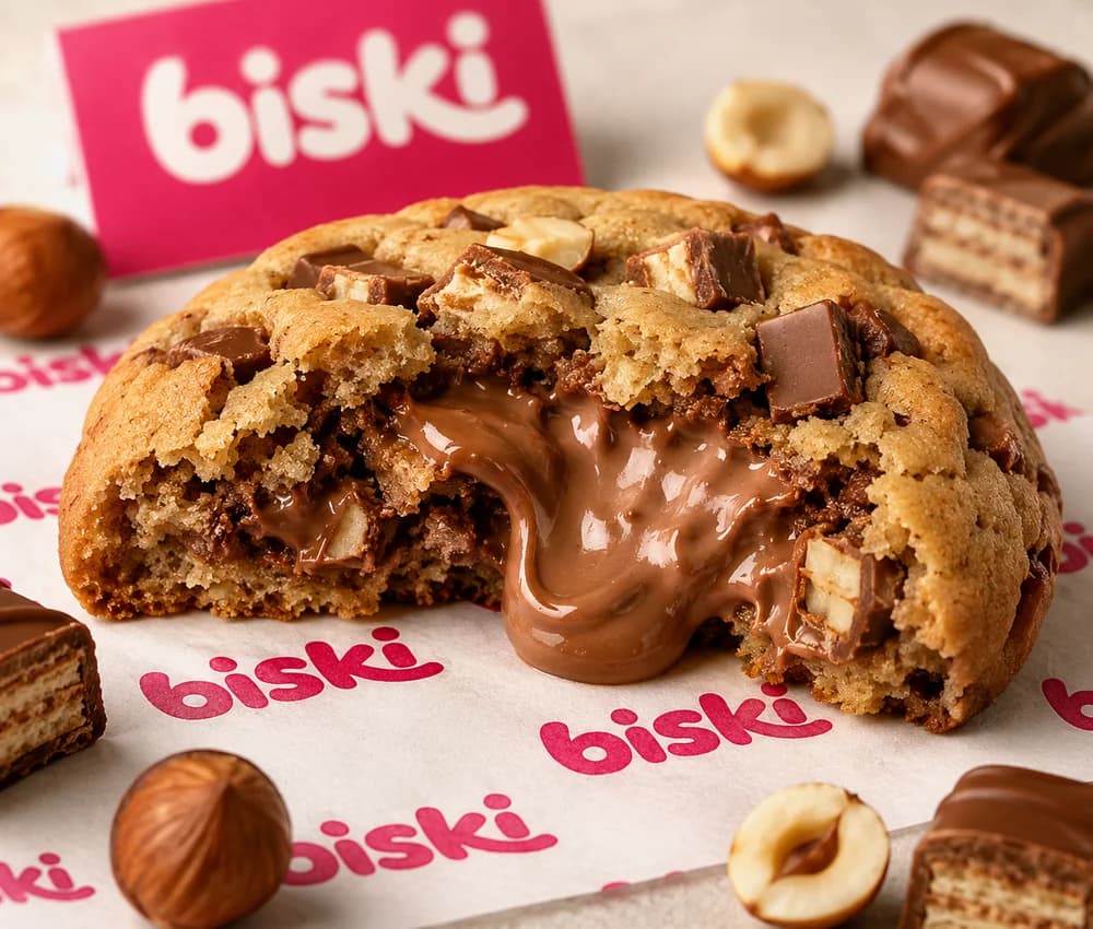 Cookie com pedaços de Kinder Bueno por cima e recheio de avelã escorrendo, cercado de avelãs e wafers.