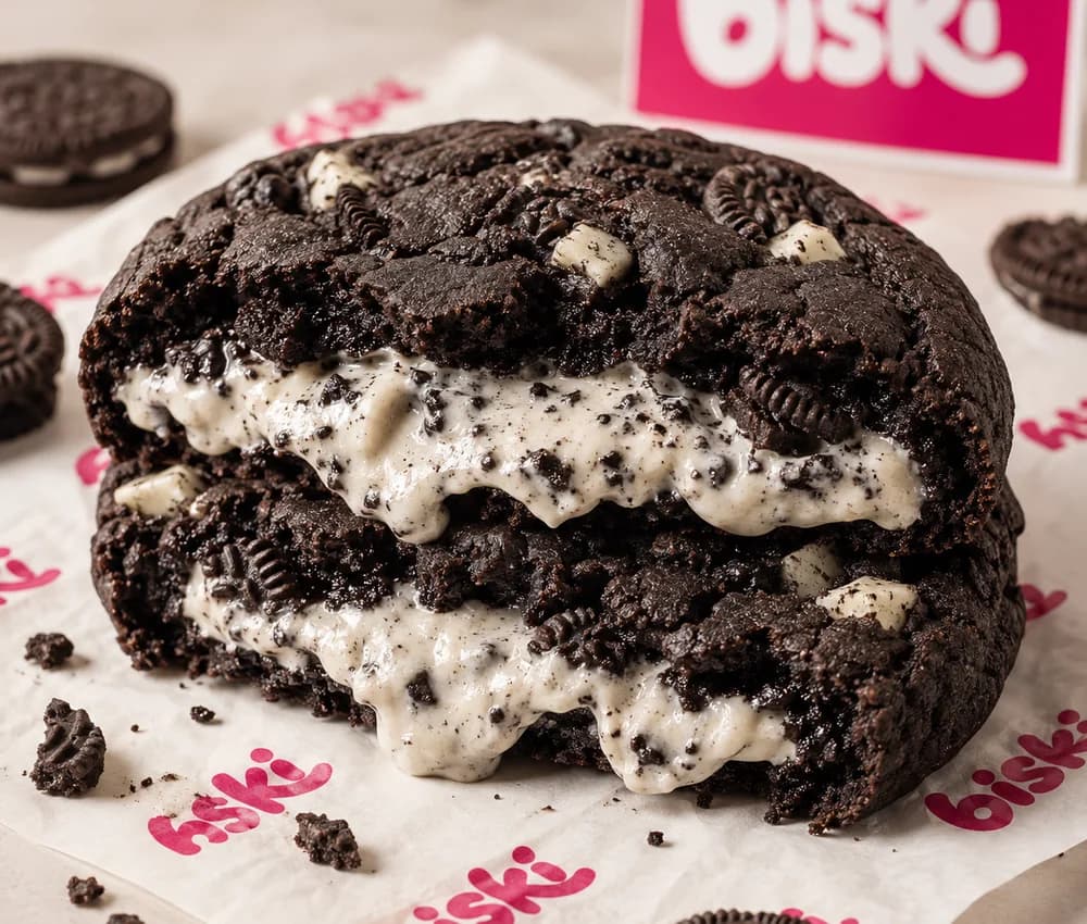 Cookie preto com pedaços de Oreo, aberto ao meio com recheio branco cheio de farelos, cercado de biscoitos Oreo.