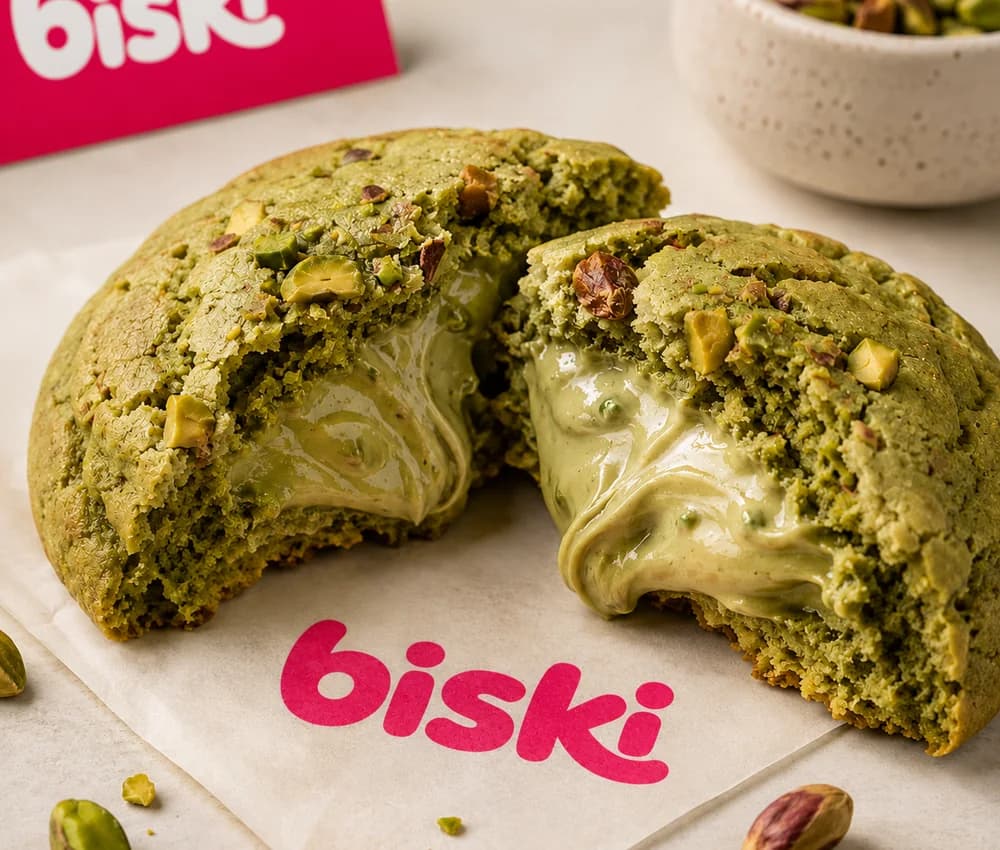 Cookie verde de pistache aberto ao meio, com recheio cremoso de pistache escorrendo e pistaches espalhados em volta.