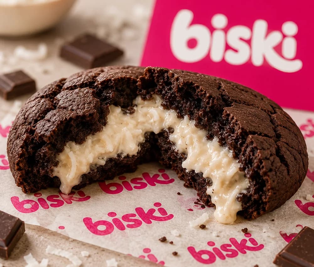 Cookie de chocolate mordido, com recheio branco de coco à mostra, ao lado de coco ralado e pedaços de chocolate.