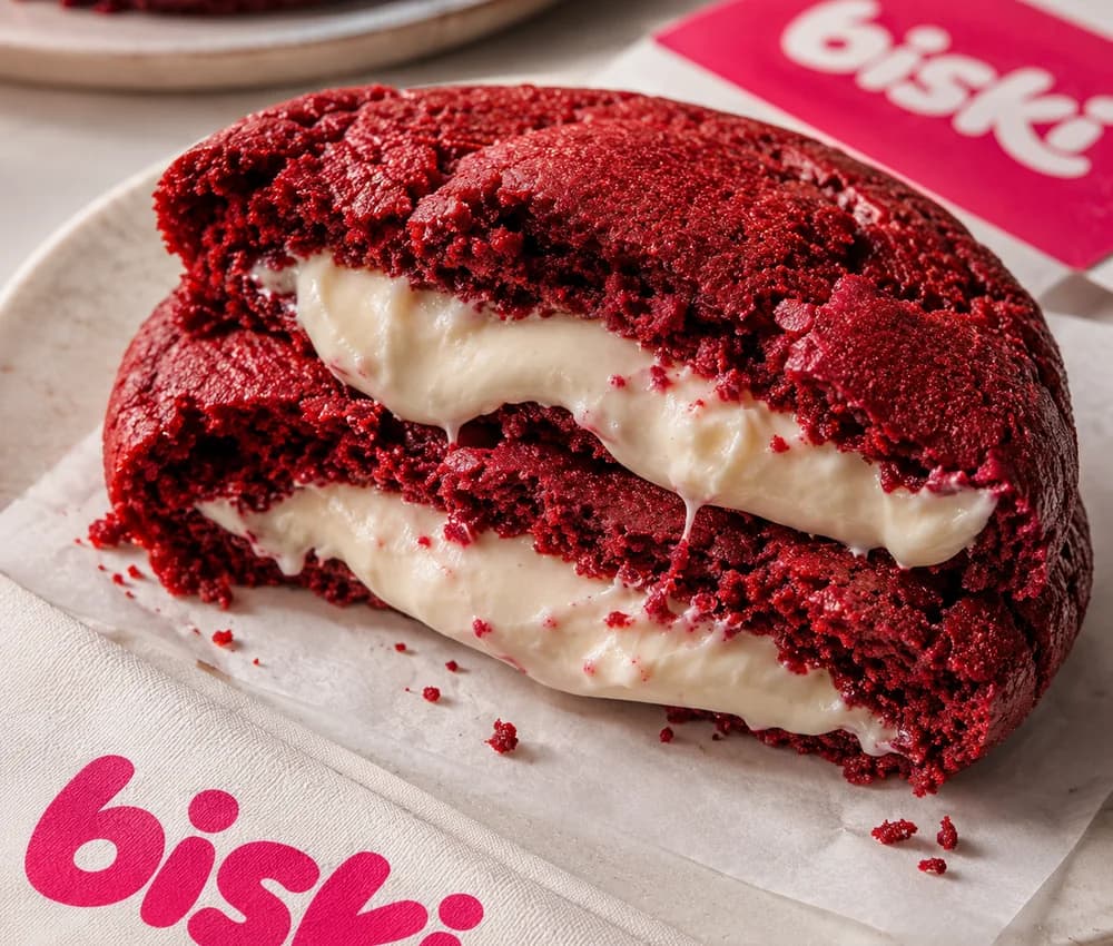 Cookie red velvet vermelho aberto ao meio, com recheio branco cremoso transbordando sobre papel da biski.