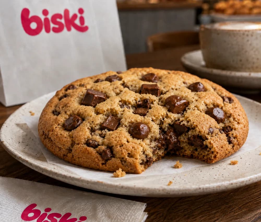Cookie tradicional com pedaços de chocolate, mordido, num prato claro ao lado do saquinho da biski e de uma xícara de café.